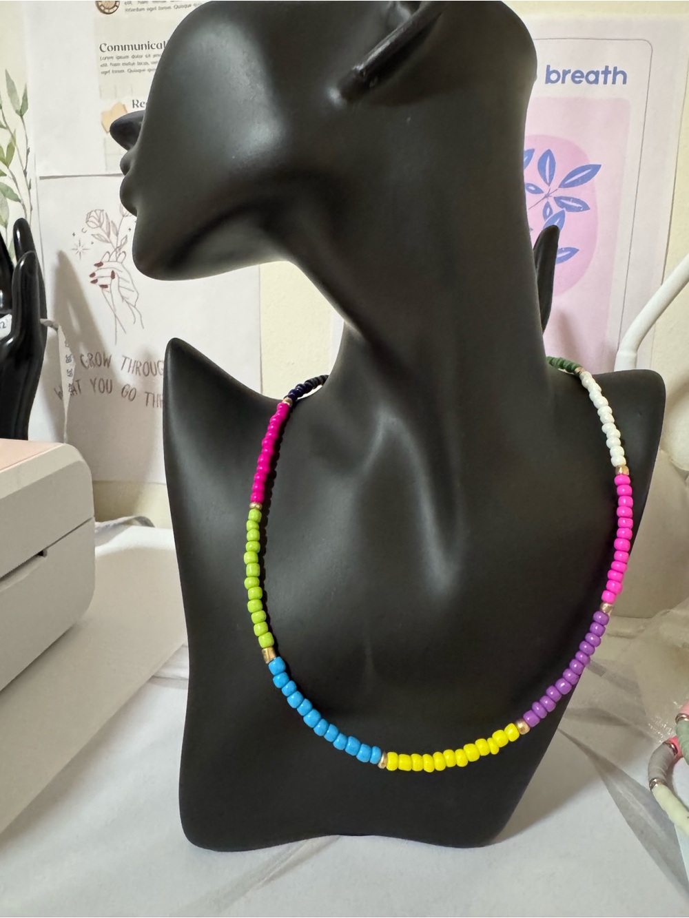 Colorful Beaded Necklace - Pink, Blue, Yellow & Green